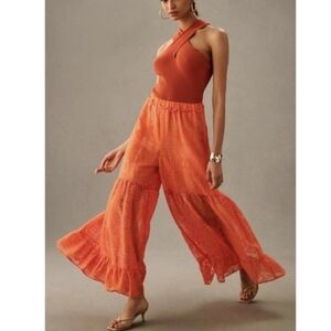*Anthropologie Orange Chiffon Flowy Wide-leg Palazzo Boho Pants Size Medium